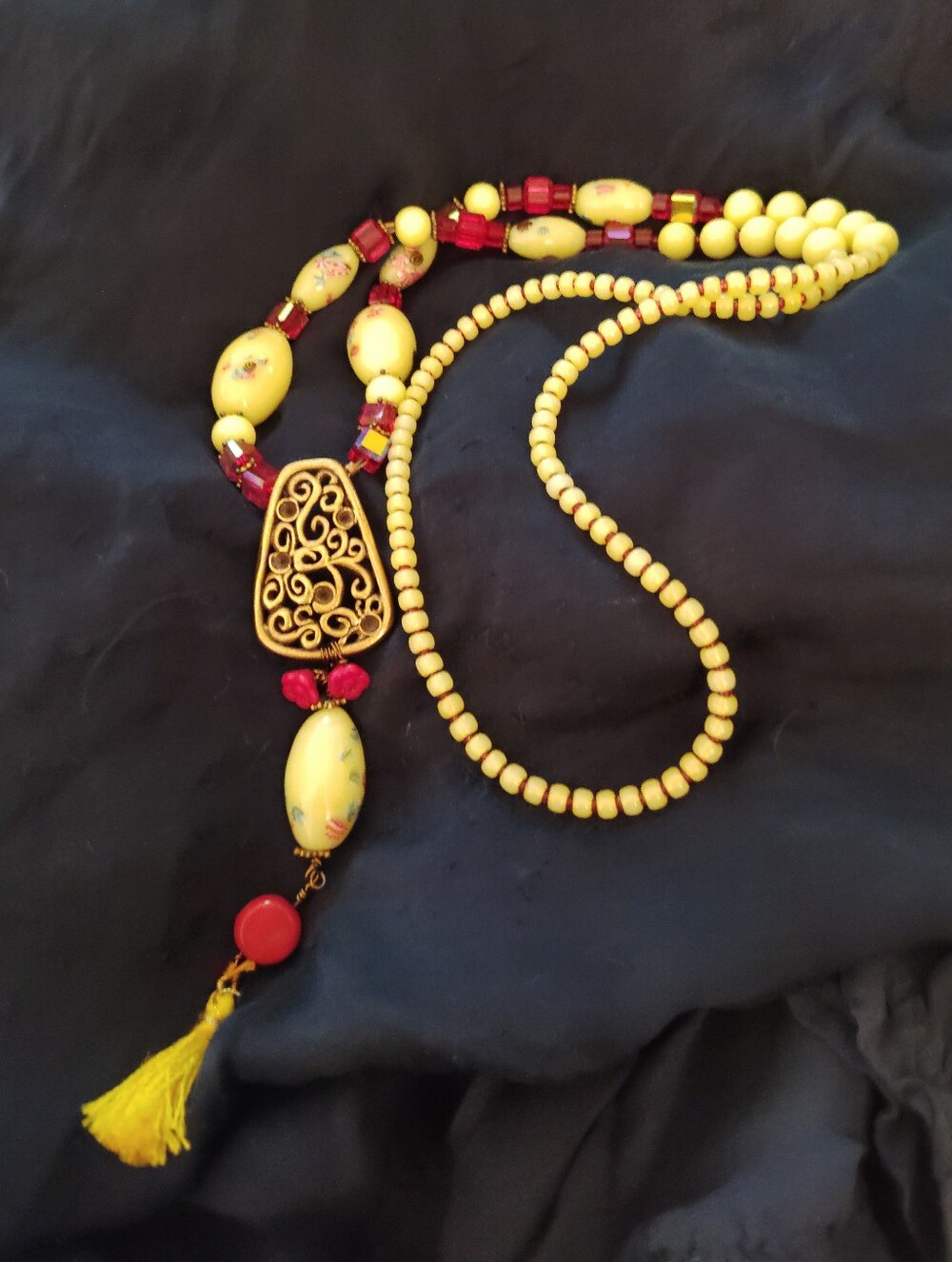 Asian Style Long Glass Bead Necklace 18" Tassel.
